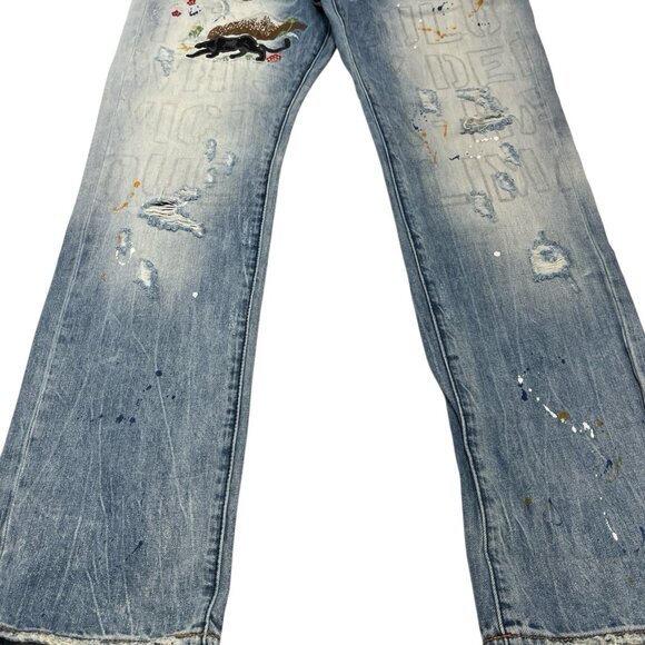Akoo Jeans Men 36 No Rivals Distressed Patches Paint Splatter Hip Hop Streetwear - Picture 6 of 14